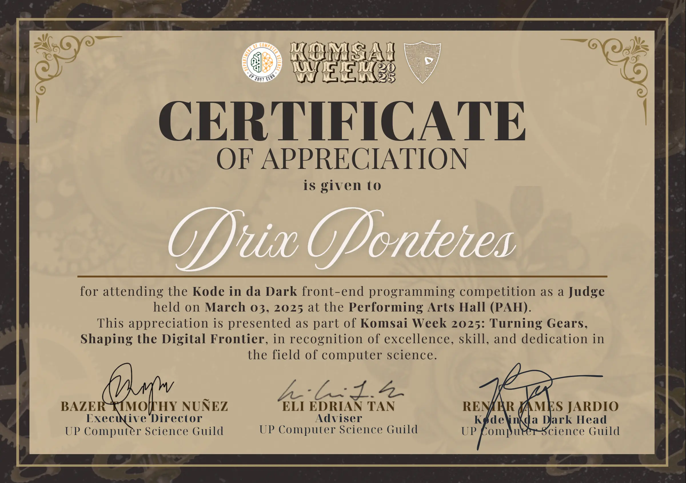 Certificate of Appreciation: Kode in Da Dark screenshot